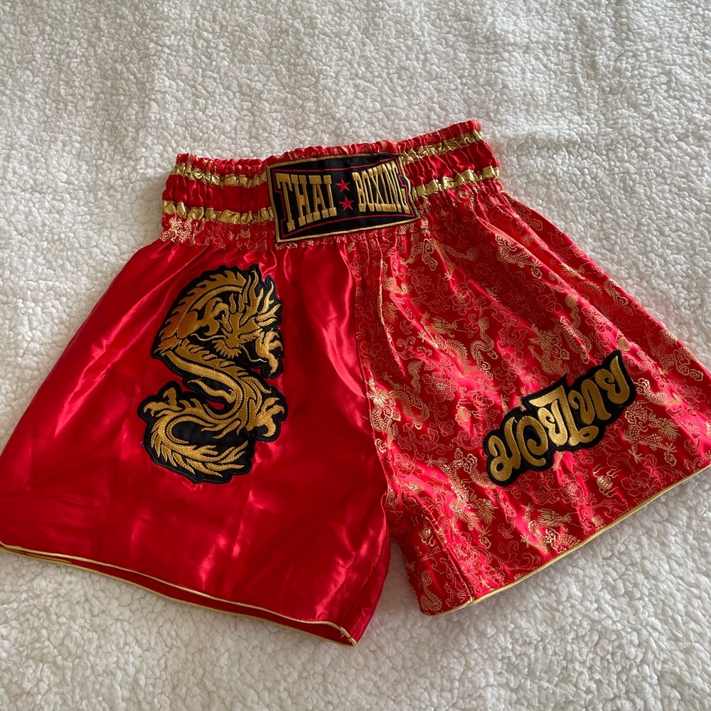 Red Thai Boxing Shorts with Gold Dragon Design